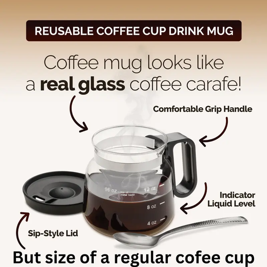The "Mini Carafe" 16oz Coffee Pot Mug - Fun Novelty Glass with Sip Lid